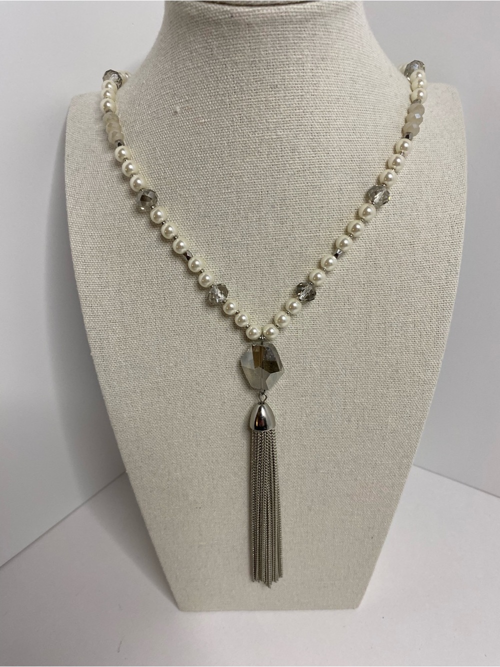 LOFT Long Faux Pearl Smoky Crystal Silver Tone Chain Tassel Necklace 34”